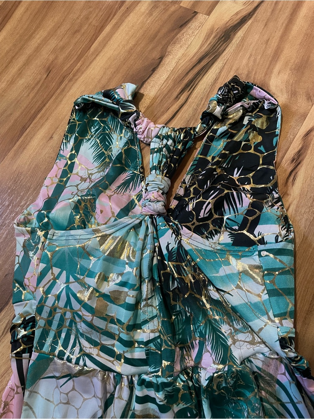 Shoreline Wear Tropical Teal Gold Foil Metallic Halter Maxi Dress S/M - Picture 5 of 9